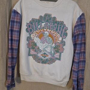 Upcycled Billabong Graphic Crewneck Sweater with Plaid Sleeves